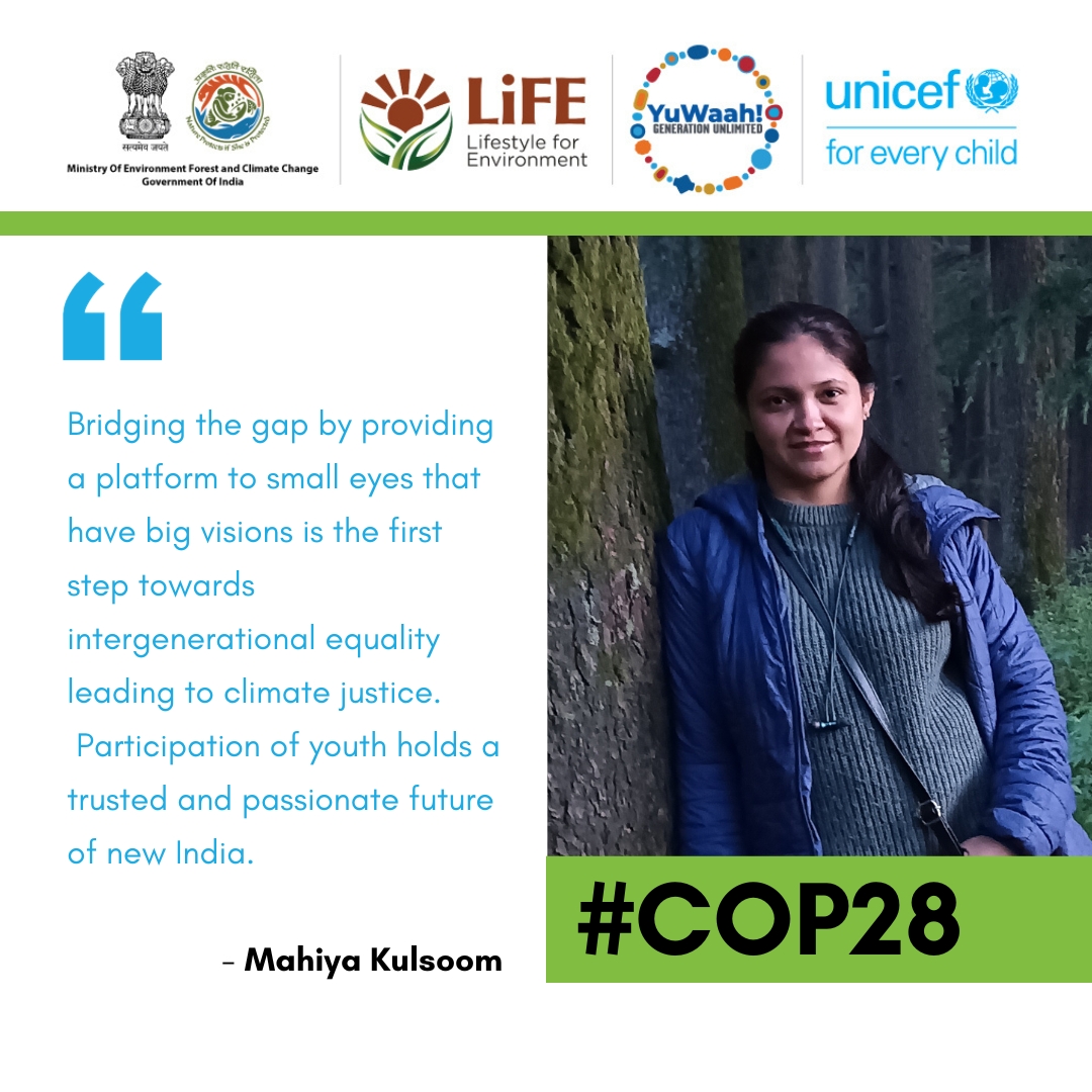 UNICEFIndia's tweet photo. We're delighted to share that UNICEF India and @YuWaahIndia are endorsing the active participation of four young individuals in #COP28 — Mahiya Kulsoom, Arkesh Kedar Shenoy, Manjusha Manchala, and Aswini Kumar Paital. https://t.co/XtifXMBawA