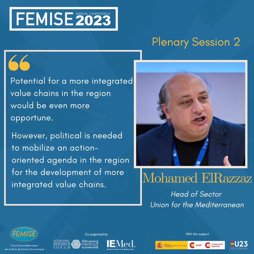 femisenetwork's tweet image. 🗣&quot;Potential for more integrated value chains would be more opportune. However, political is needed to mobilize action oriented agenda for development of more integrated value chains.&quot; said Mohamed ElRazzaz, @UfMSecretariat during #FEMISE_AC2023 session2⃣bit.ly/3N6wKWL