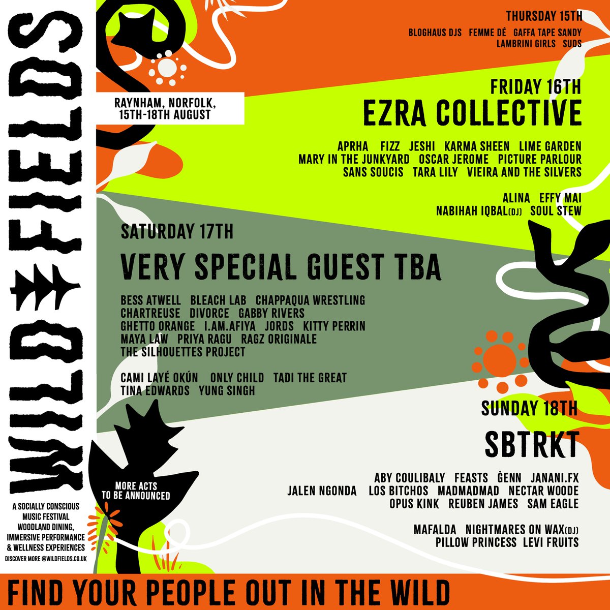 V excited to be running PR for the inaugural edition of Wild Fields Festival in Raynham, Norfolk - 15-18 August '24! From the team behind @wildpathsfest, it will pair music (@EzraCollective @SBTRKT @LBitchos) with woodland dining, immersive performances, wellness experiences☀️💚