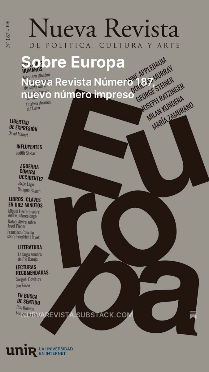 ¿Dónde acaba Europa? ¿Existe el espíritu europeo? En el nº 187 de #nuevarevista abordamos estas cuestiones de la mano de los pensadores que se han ocupado de ellas. Viajamos por el presente y el pasado de Europa con la esperanza de atisbar el futuro.➡️nuevarevista.net/producto/nueva…⬅️