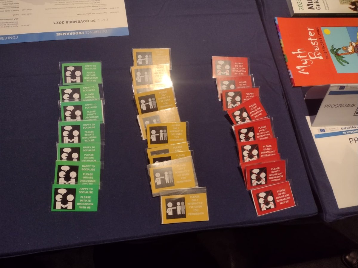AutismEurope's tweet photo. We are happy to see accessible tools and services at the #EDPD2023 event:

🗣️Interaction badges are available for everyone
🔇Accessible quiet room with low light and no noise
📖Easy-to-read document which includes the speeches from speakers

#EUDisabilityRights #UnionOfEquality https://t.co/PVQ3ftp7TQ