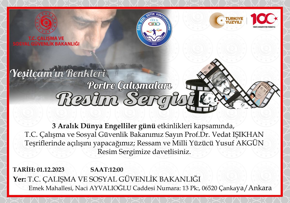 AkgunRessam's tweet photo. Özel Eğitim Konfederasyonu öncülüğünde, 3 Aralık Dünya engelliler günü etkinliklerinde TC Çalışma ve Gosyal güvenlik bakanımız Sayın Profesör Doktor Vedat Işıkhan Bey'in teşrifleri ile 1 Aralık cuma günü saat 12.00'de sizleri bakanlık merkez binamızda sergimize davet ediyoruz. https://t.co/FmpxUwacar