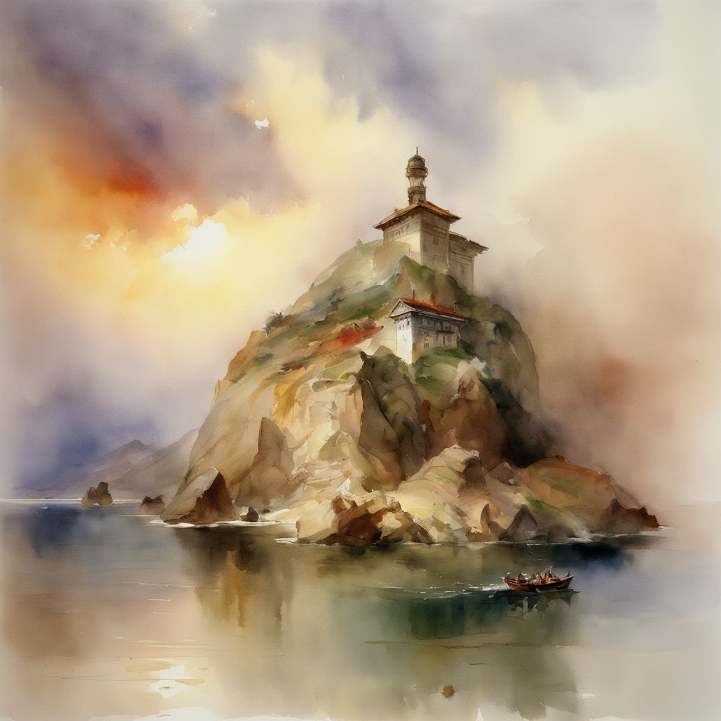 Misty shores and a serene lighthouse emerge in watercolor, where sea meets sky in a soft, luminous dance. #LighthouseArt #WatercolorLandscape #SereneScenes