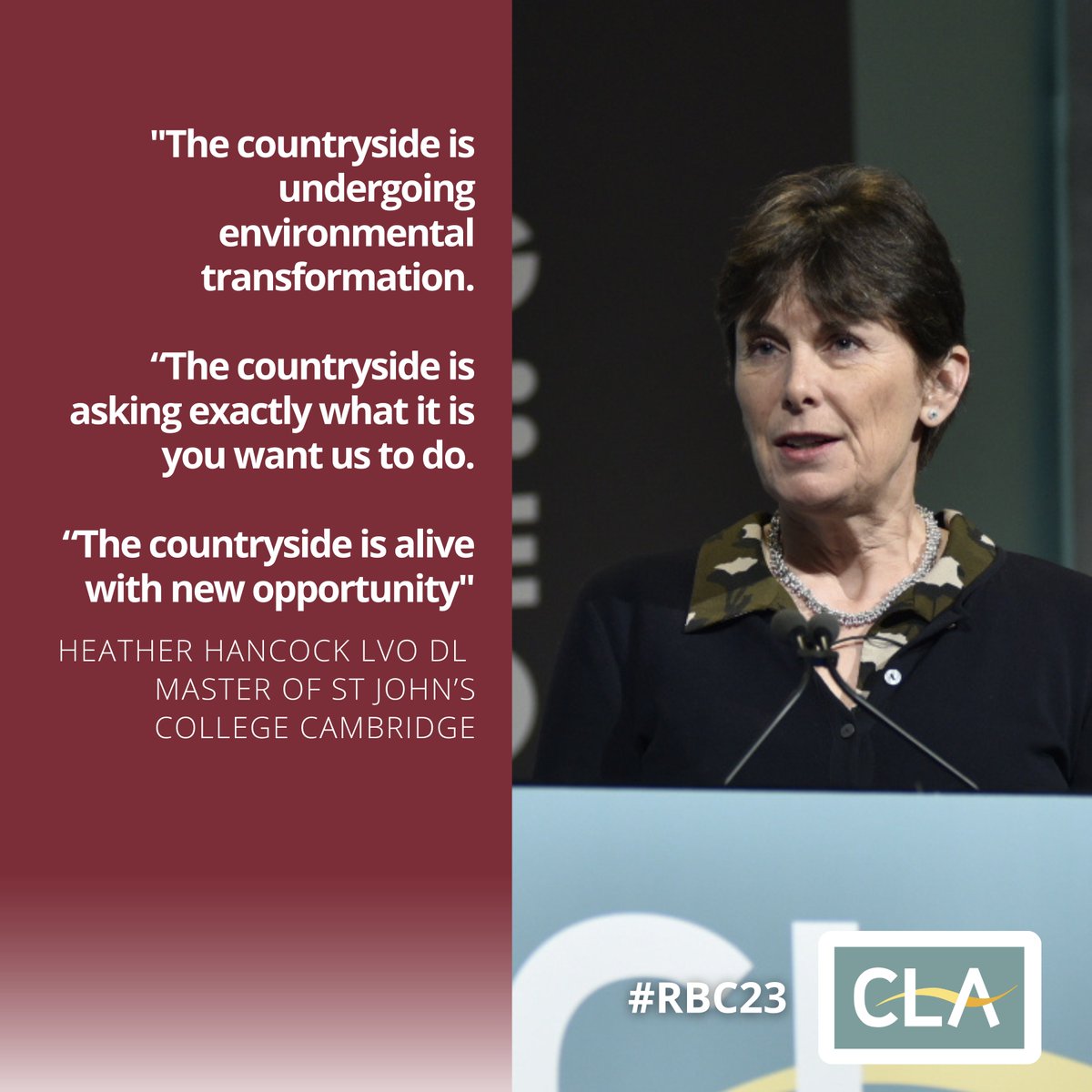 CLAtweets's tweet photo. Heather Hancock LVO DL, Chair of @countrysidefund, says to attendees: "the countryside is alive with new, sometimes scary opportunity, and I believe you are up for it." #RBC23 https://t.co/Kk8WZ6EfVb