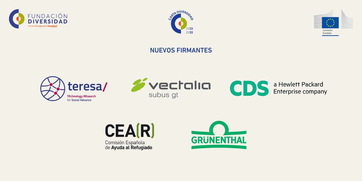 ✍️ ¡𝐌𝐮𝐜𝐡𝐚𝐬 𝐟𝐞𝐥𝐢𝐜𝐢𝐝𝐚𝐝𝐞𝐬 a las nuevas empresas firmantes de la #CartadelaDiversidad! 

🔸 #FundaciónTeReSa
🔸 @vectalia
🔸 @HPECDS_ES
🔸 @CEARefugio
🔸 @grunenthal_es 

🏆​ #IXPremiosFundacionDiversidad