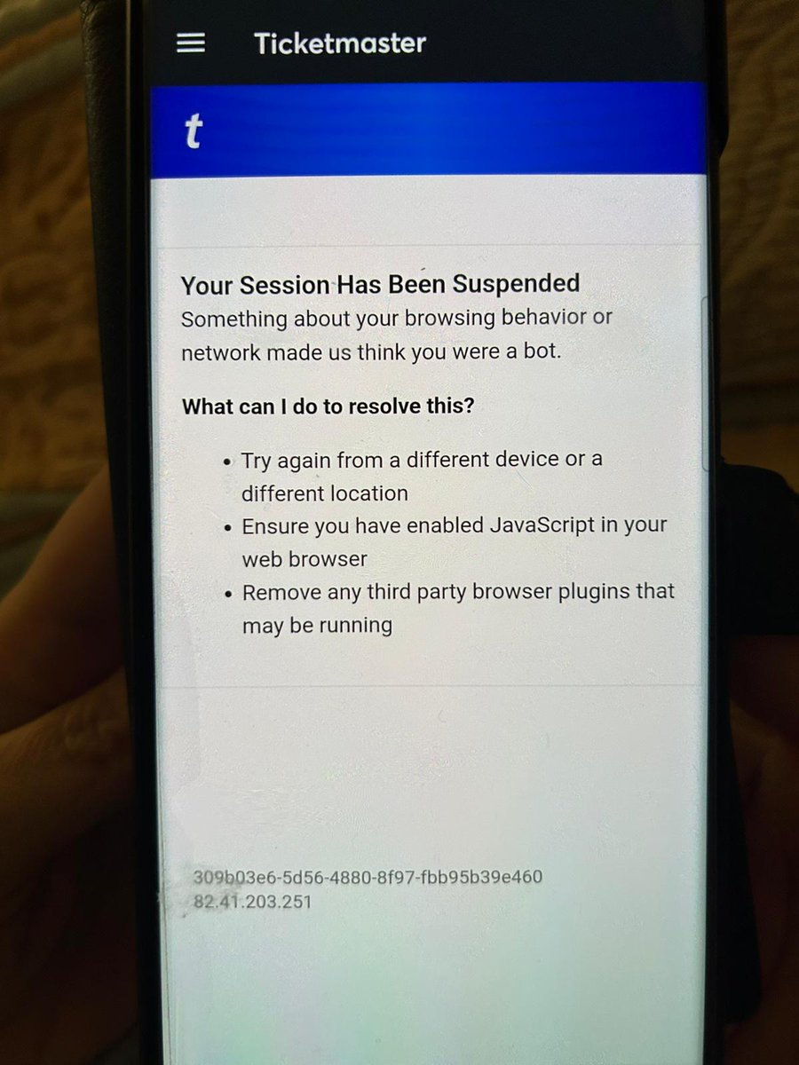 Caroline_EDLife's tweet photo. @TicketmasterCS whenever I go into ticketmaster this appears but I have no done anything. Can you please assist? https://t.co/RpXJlr7O76