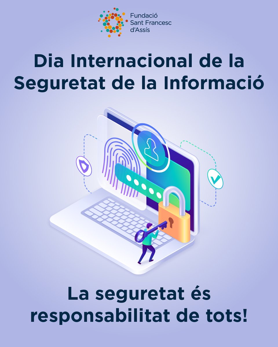 FPSFA's tweet photo. 🔐Amb motiu del Dia Internacional de la Seguretat de la Informació recordem:

🔑Gestionar be les contrasenyes 
🛜Confiar amb xarxes conegudes
🔄Actualitzar els dispositius
💾Descarregar de fonts fiables

👥🔒La seguretat és responsabilitat de tots! https://t.co/6RJAGZ64RX