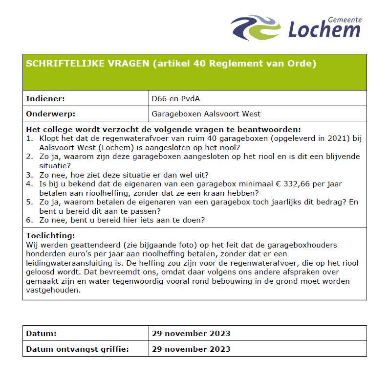 raadLochem's tweet photo. Gemeenteraadsfracties @d66lochem en @PvdALochem stellen schriftelijke vragen aan college B&amp;W over Rioolwaterheffing garageboxen Aalsvoort West: https://t.co/ZyKW131YbD https://t.co/MlIaGIcnBH