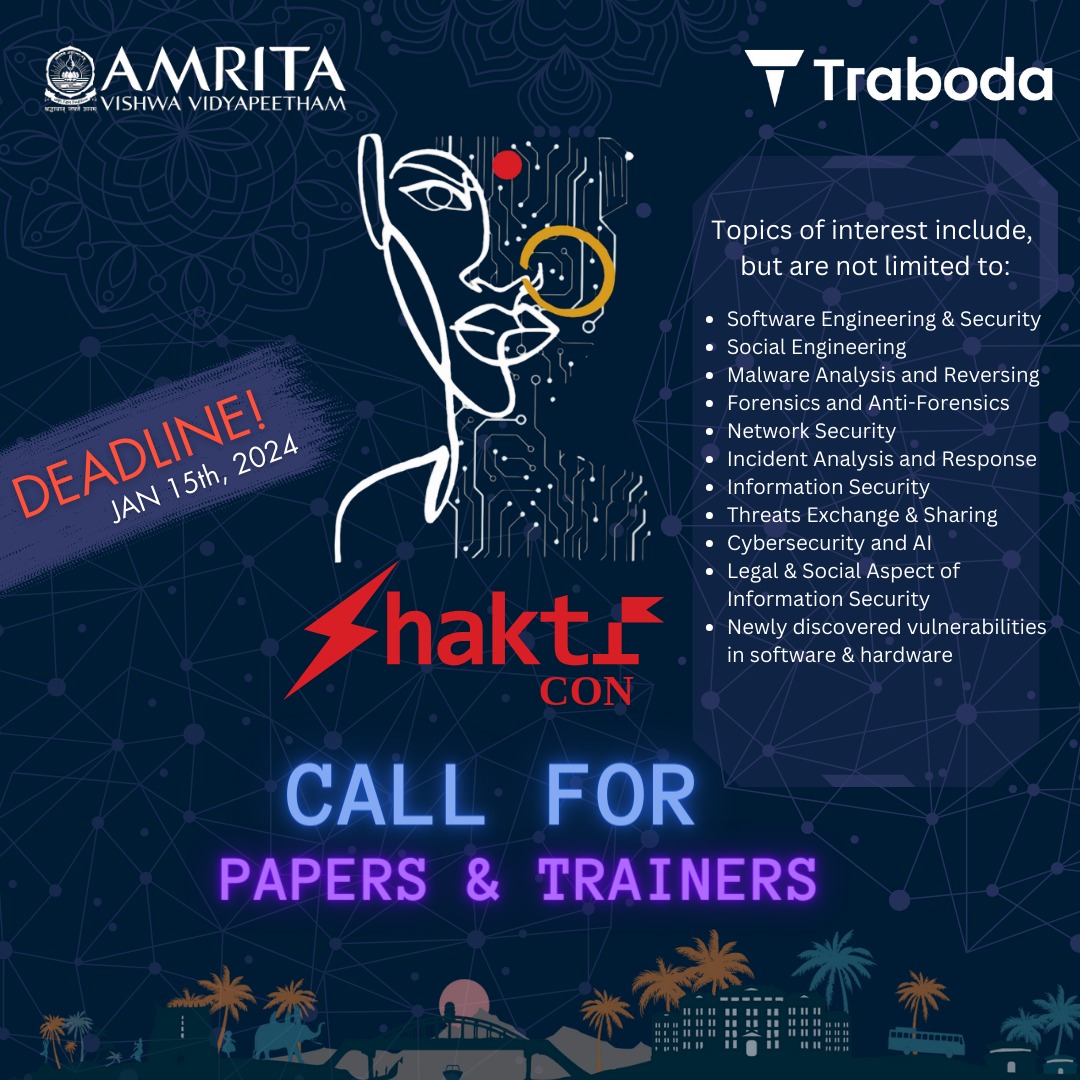 shakticon's tweet photo. Calling all pioneers in cybersecurity! 
📢 Shakticon 2024, India's exclusive women-only cybersecurity conference, is thrilled to announce the Call for Talks and Training! 
🗓️ Deadline: January 15th, 2024
Register at: https://t.co/KDRHZ6jefG https://t.co/KxREN12mFI