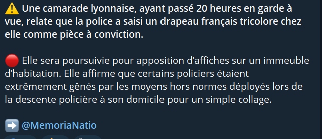 D_Conversano's tweet photo. Il semblerait qu'un drapeau français à votre domicile constitue désormais une pièce à conviction. https://t.co/BWNnYAYYwv
