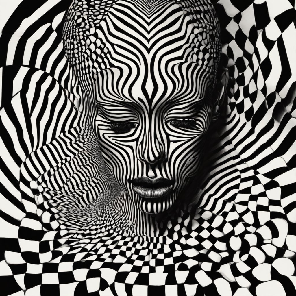 A hypnotic fusion of form and illusion, this piece captivates with its monochromatic op art mastery. #OpticalIllusion #MonochromeArt #PsychedelicPortrait
