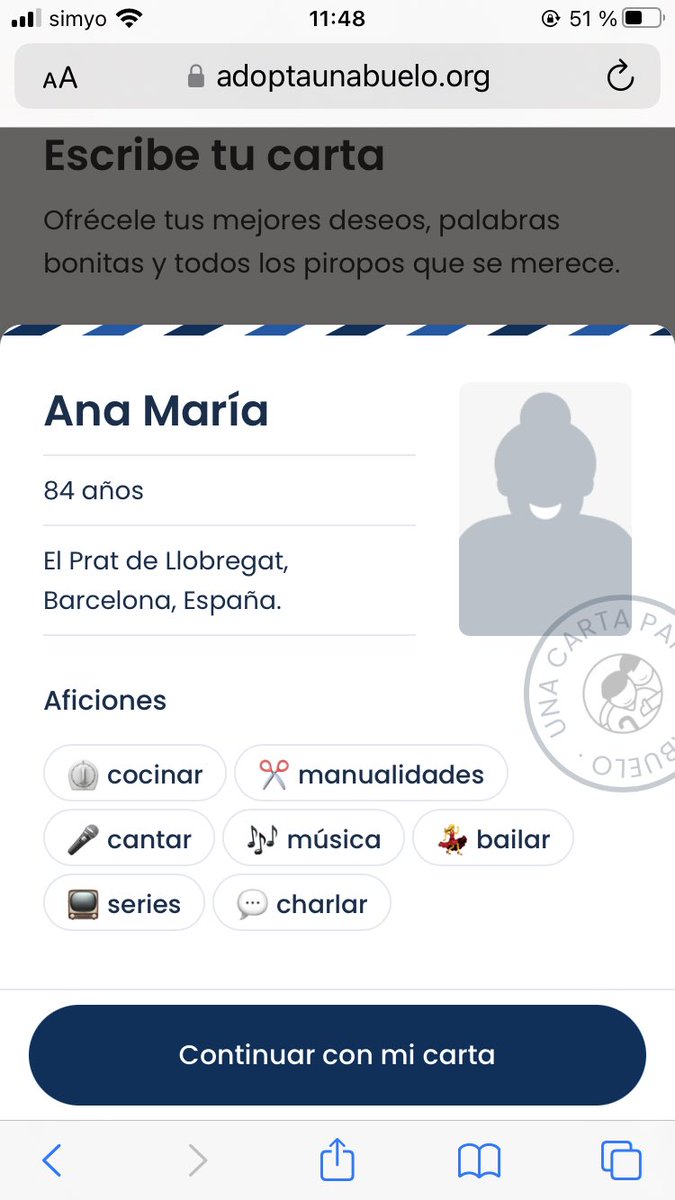 En adoptaunabuelo.org/una-carta-para… podéis escribir una carta para una persona mayor. El destinatario se asigna de forma aleatoria, tienes info sobre lo que les gusta, y la carta se escribe directamente en la web. Cómodo y bonito, entre todos podemos hacer sonreír a quienes están solos 🫶🏻