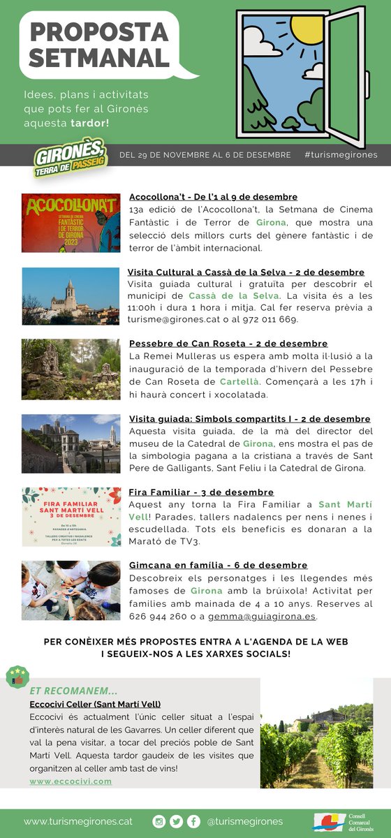 💫 El desembre ha arribat i a l'agenda ni un forat!

🗓️ Consulta la nostra #PropostaSetmanal del 29 de novembre al 6 de desembre al #Gironès! 👇🏾

➡️ turismegirones.cat/wp-content/upl…

📬 Entra al web i SUBSCRIU-TE per rebre-la cada setmana abans que ningú!

#turismegirones