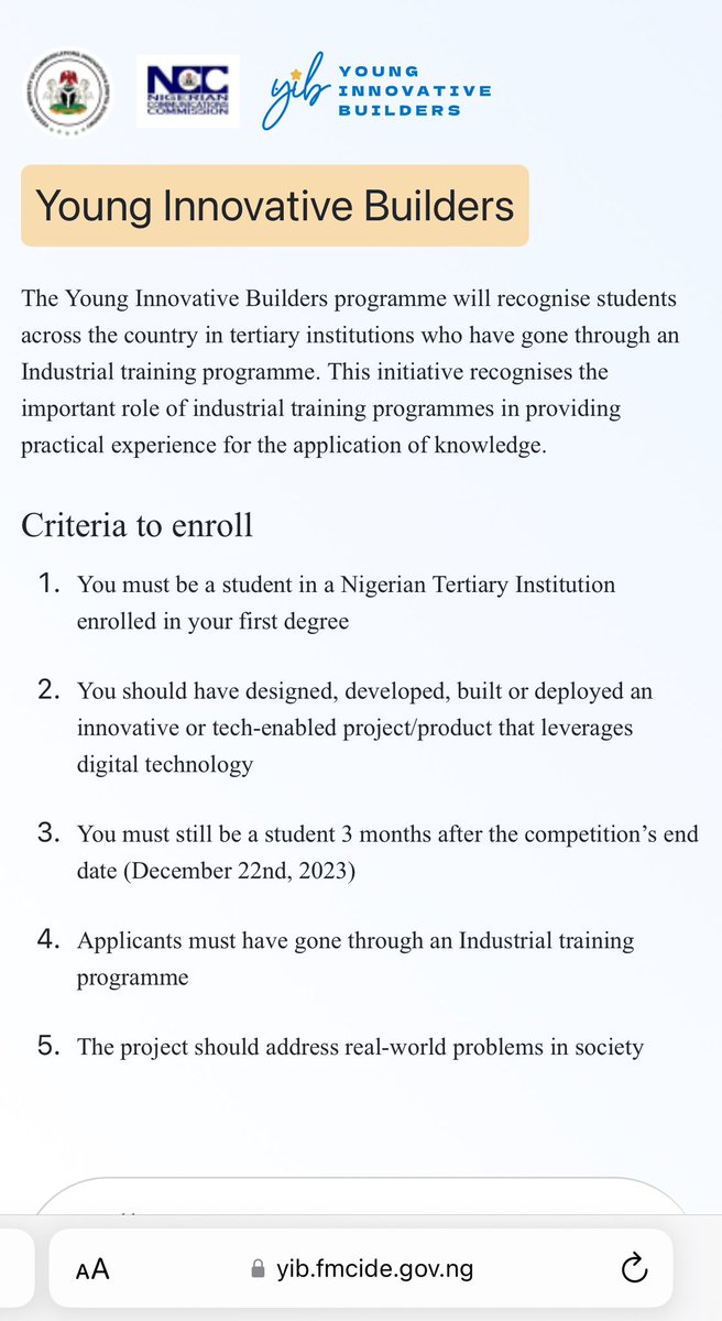NCC has launched the Young Innovative Builders to reward Nigerian students in our Universities that can create a smart solution while studying. 

2: link is: yib.fmcide.gov.ng/apply 

3:  parents should encourage our children to apply. 

4:    The top 48 innovative solutions in