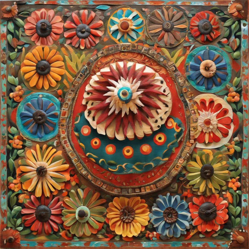 A jubilant mandala of florals, this piece is a tactile garden of texture and hue. #FloralMandala #TexturedArt #ColorfulCreativity