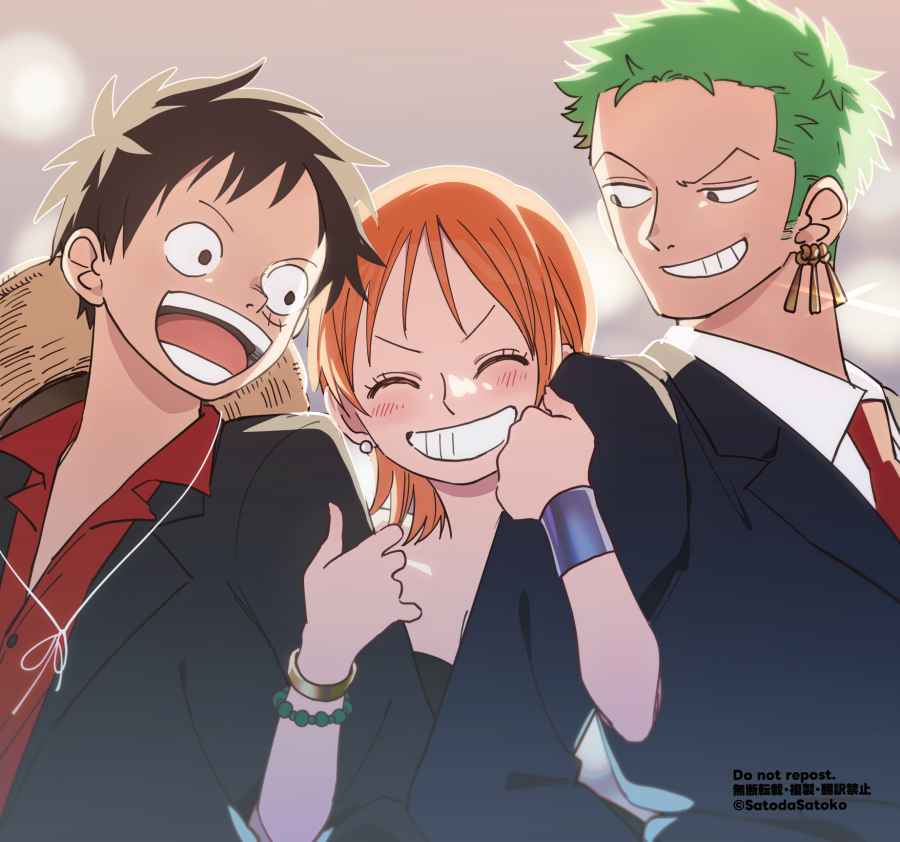 monkey d. luffy ,nami (one piece) ,roronoa zoro 1girl 2boys multiple boys smile green hair jewelry orange hair  illustration images