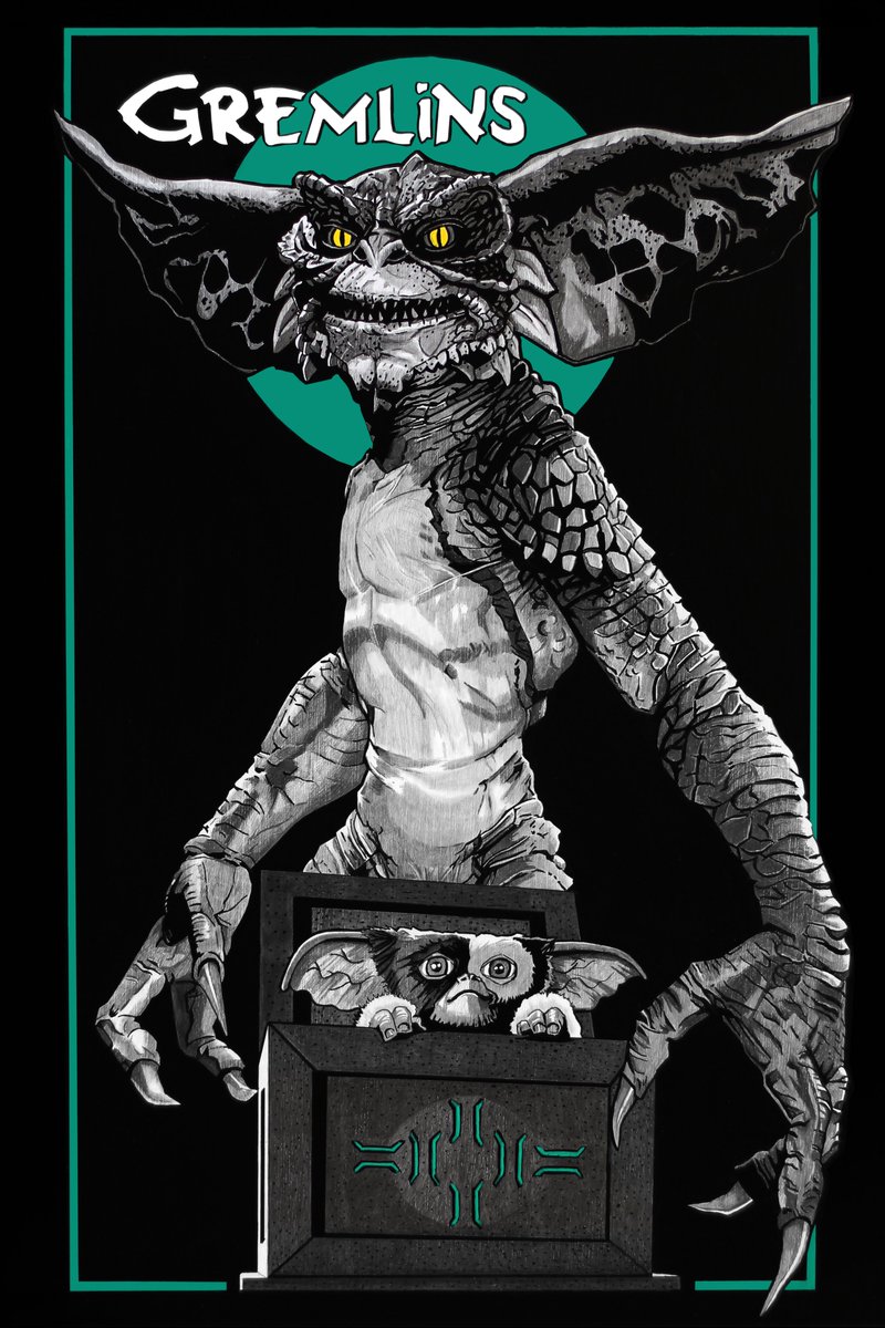 🔥✌️Finished my #alternativemovieposter 
*Tribute 'Gremlins' (1984) by Joe Dante
🎨Graphite pencil & Acrylic marker on wood 
Poster size: 24'x36'in
#gremlins #gizmo #mogwai #joedante #Stevenspielberg #horrormovies #posterart #traditionalart #80s #carlesganya