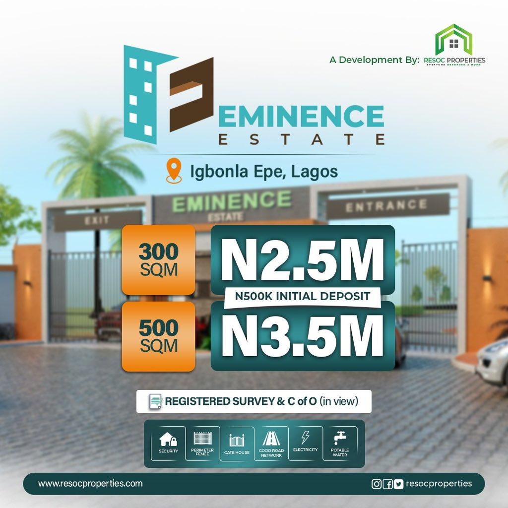 resocproperties's tweet photo. EMINENCE ESTATE STILL SELLING🏡
LOCATION📍: Igbonla-Epe Lagos
TITLE: Registered Survey & C of O in view
Size: 500sqm & 300sqm
500sqm: ₦3,500,000
300sqm: ₦2,500,000
For more enquiries, call +234 803 875 3157 or +234 70 1 294 3188
.
#resocproperties #realestatedeveloper https://t.co/XDzwR9IR1k