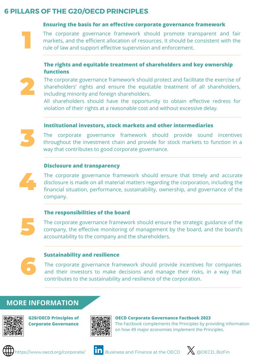 The G20/OECD Principles of Corporate Governance are the global standard for corporate governance. Endorsed by G20, they were revised to reflect evolutions in #capitalmarkets &amp; #corporategovernance policies. What are they and why so important? Take a look👇🏼 oe.cd/corpgov