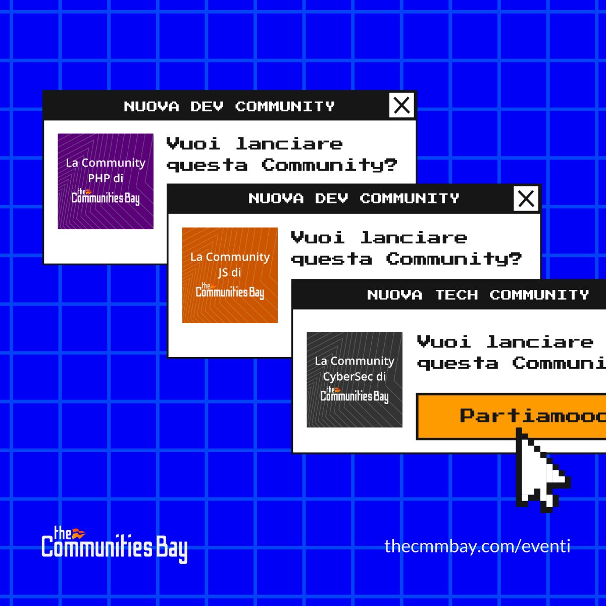 👩‍💻👨‍💻 Grandi novità: stiamo per lanciare 3 nuove #Community! 🎉

🗓️ 13 dic 🚀 Community #PHP
🗓️ 14 dic 🚀 Community #JS
🗓️ 20 dic 🚀 Community #CyberSec

Non mancare ai primi eventi 👉 thecmmbay.com/eventi 

#DevCommunity #TechCommunity #TheCommunitiesBay