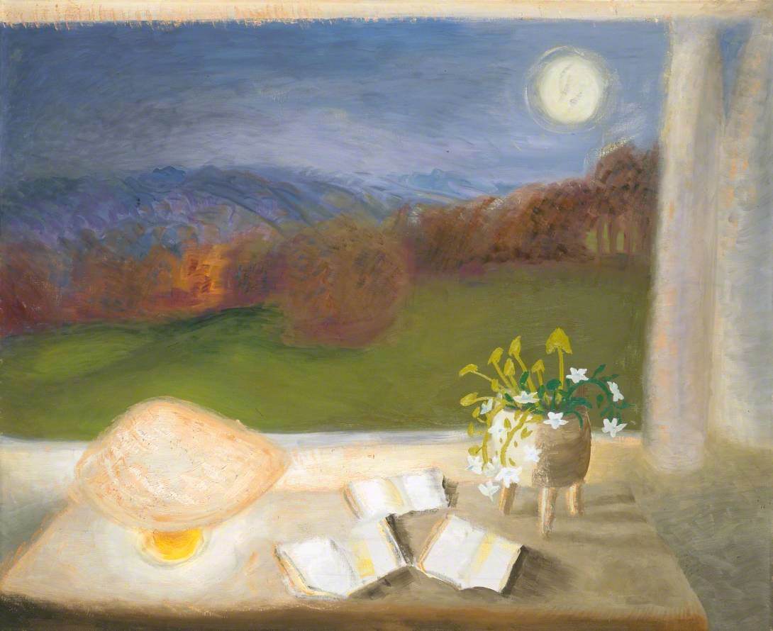 The theme for this week's #OnlineArtExchange is 'Light' 💫 We've chosen 'The Hunter's Moon' (1955) by Winifred Nicholson in the collection of @tate for its glowing moon and gentle table light 🌝 @artukdotorg