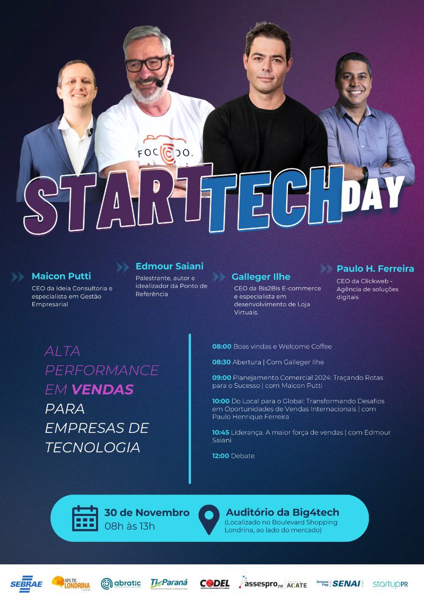 É hoje!
Vou participo ar do evento Start Tech Day, evento do Sebrae para falar sobre liderança impulsionando vendas para empresas de tecnologia.
#culturadeatendimento