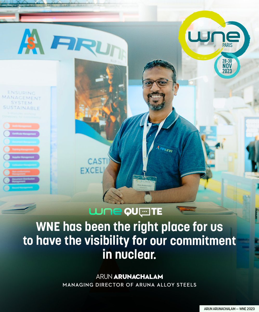 ✔️Arun Arunachalam is the Managing Director of Aruna Alloy Steels, a world class supplier of alloy steels for valve castings manufacturers around the world from #India🇮🇳, and works closely with the nuclear sector! The company is at #WNE2023✨ promoting its latest innovations.…