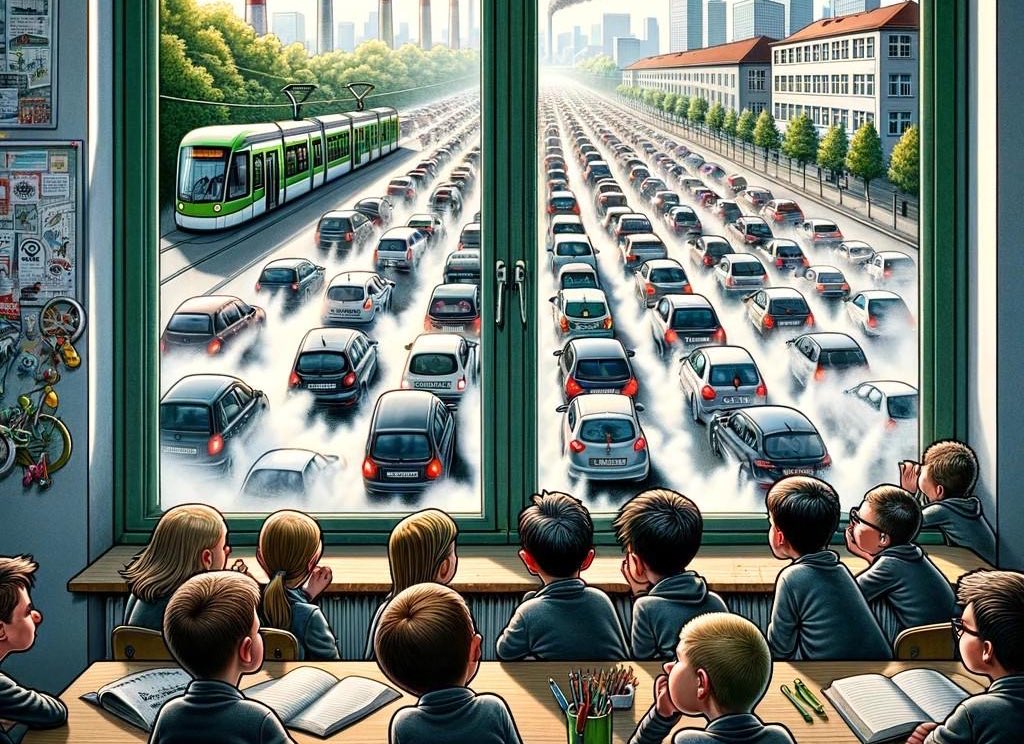 EikeArnold's tweet photo. Emilia fragt Noah: „Ich mag die Straßenbahn, aber vielleicht hätten die Politiker rechtzeitig die Autos in die Hönower Straße umplanen können?“
Der künftige Blick aus der Integrierten Sekundarschule Mahlsdorf, eine von zwei Schulen in der Straße. @pneumannberlin @ChristianLatz_ https://t.co/SDd0YPC8hT