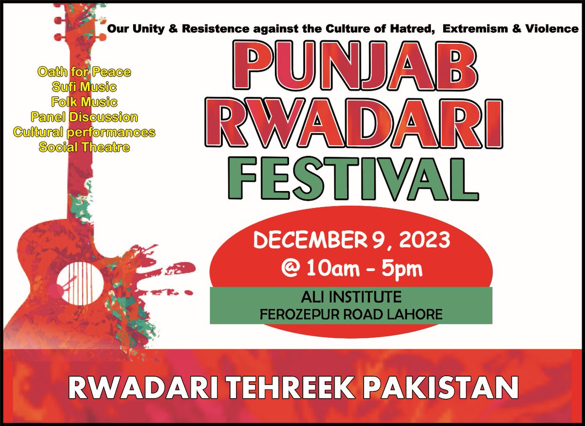 SamsonSalamat's tweet photo. Punjab Rwadari Festival! Our Unity &amp; Resistance against hatred, extremism &amp; violence. Plz join &amp; support for Peaceful Paksitan. 9th Dec Ali Institute Lahore.
#PunjabRwadariFestival #ResistanceAgainstViolentExtremism https://t.co/4eEGpoiwki