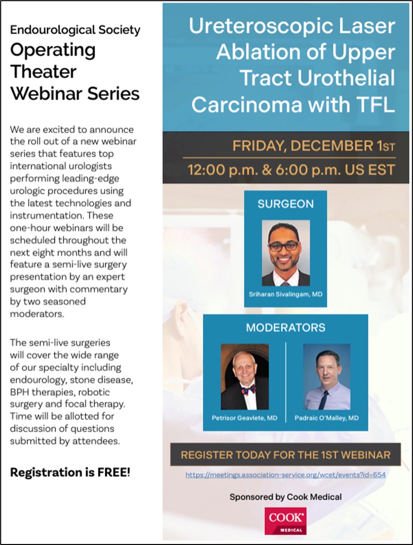 WCET 2023. Endourological Society Operating Theater Webinar Series. Tomorrow will be a very promising Webinar on Ureteroscopic Laser Ablation of Upper Tract Urothelial Carcinoma with TFL. Registration is free! Great honor to be one of the Moderators!