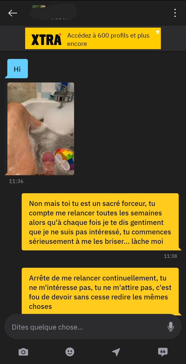Friendzy_G's tweet photo. Les Forceurs de Grindr, je n'en peux plus
Je précise que ça fait quasi 2 mois qu'il m'envoie des messages toutes les 1 à 2 semaines.
Alors je veux bien être gentil mais faut pas pousser... 😡, et je me suis trouvé particulièrement patient...
*C'est un exemple parmi tant d'autres https://t.co/yNnI42Gt9a