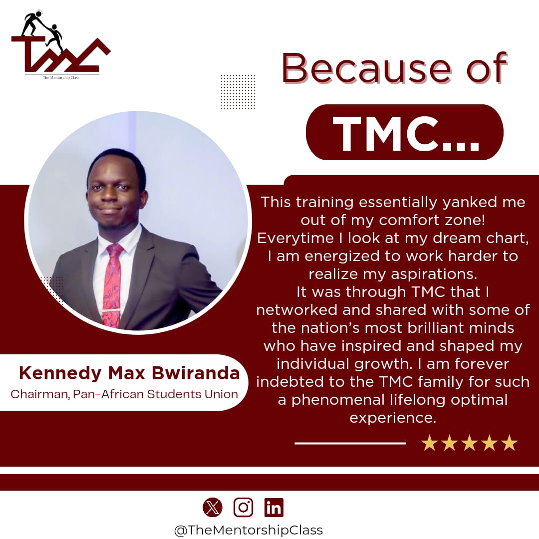 Kennedy Max Bwiranda,the Chairman of the Pan-African Students Union, shares how inspirational and phenomenal his TMC experience was.✨

#TheMentorshipClass
#TestimonyTime