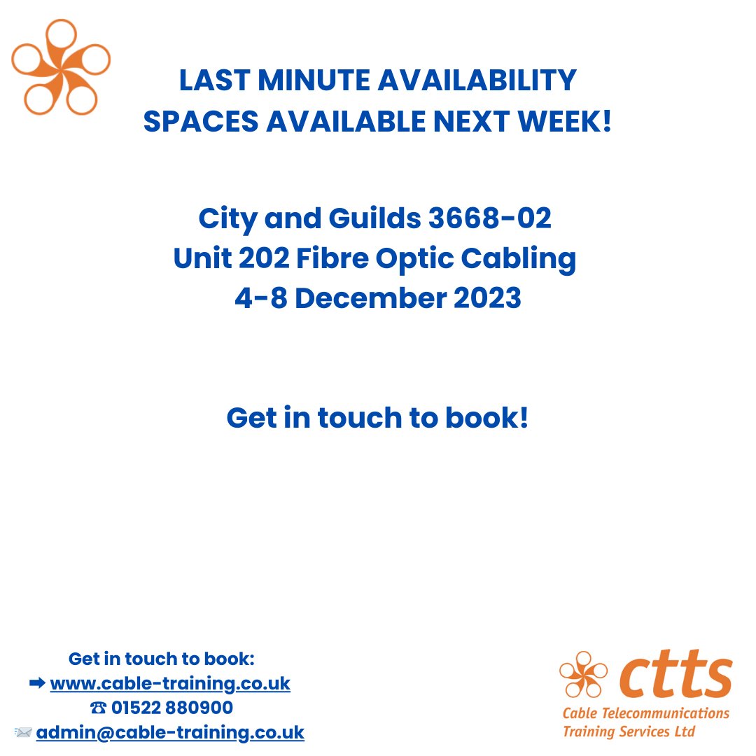 Ctts_training's tweet image. 🚨 LAST MINUTE AVAILABILITY FOR NEXT WEEK 👷‍♂️
Get in touch today to book!
➡ cable-training.co.uk
☎ 01522 880900
📨 Colin Syme colin.syme@cable-training.co.uk
admin@cable-training.co.uk

#cityandguilds #Fibretraining #CTTS #fibreopticcabling #Civils #3668 #careerchange