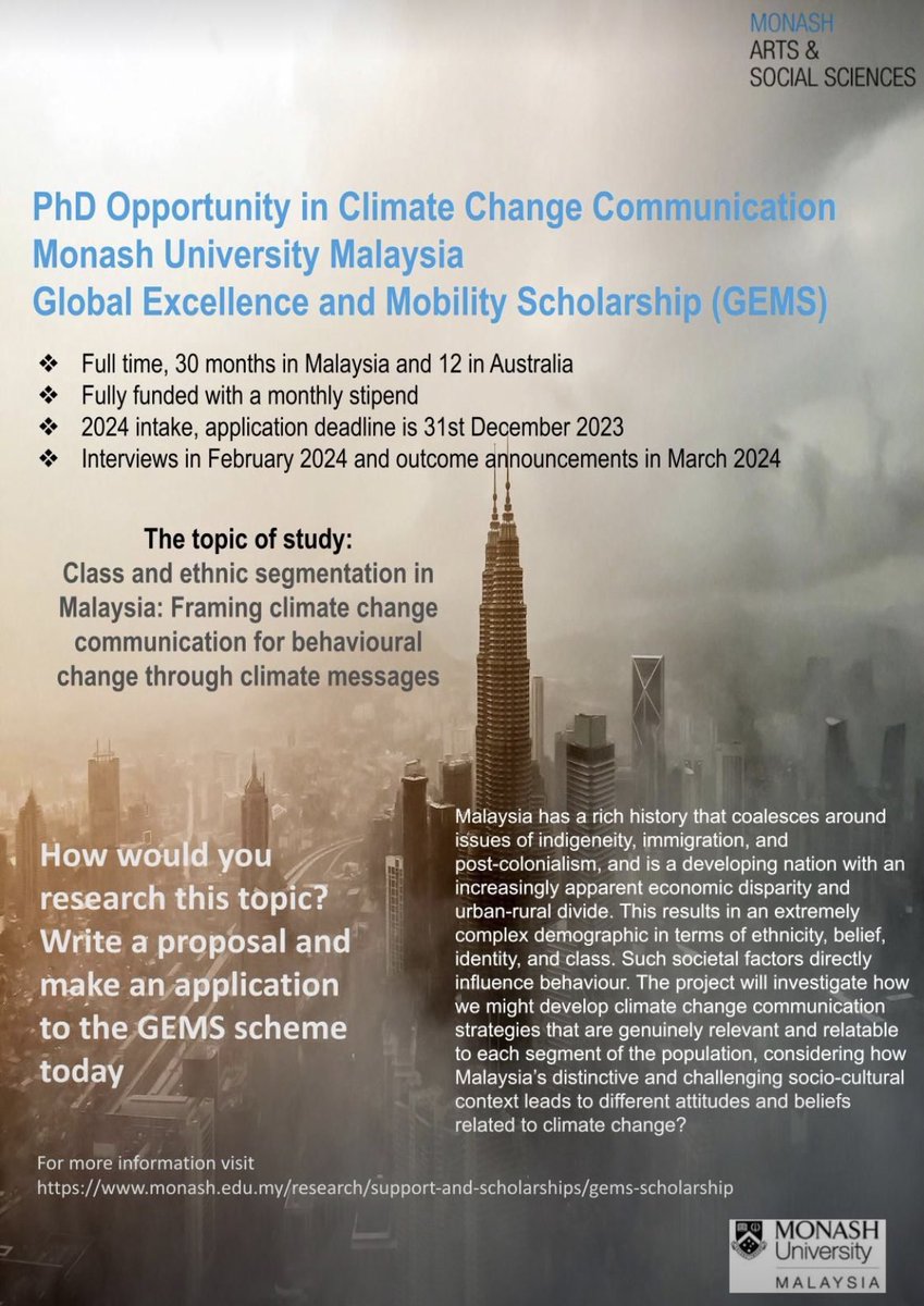 Funded PhD opportunity with @monashmyArts through @MonashMalaysia GEMS scholarship programme to spend 30 months in Malaysia and 12 in Australia to conduct the PhD