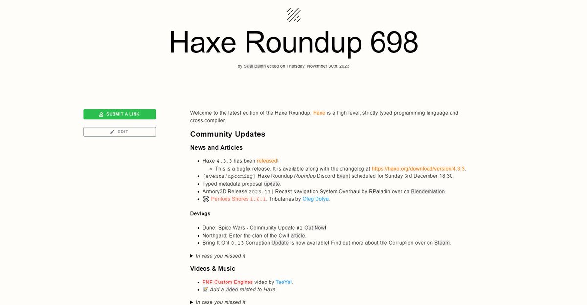 #Haxe Roundup 698 haxe.io/roundups/698/ is out!

Haxe 4.3.3 was released!🌟

The latest articles from Perilous Shores, #Armory3D, Dune &amp; others!📰

The latest releases - Dune now on Xbox, Yule Duel by Axol Studio &amp; Animal Arena by Advent!🎮

And lots more from the community!🔥