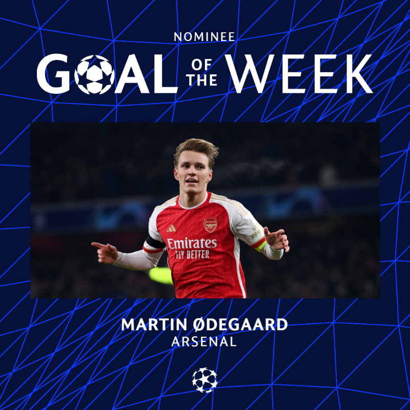 Arsenal's tweet photo. Martin Odegaard's superb volley against Lens has been nominated for @ChampionsLeague Goal of the Week 👏

🗳 Help our captain win 👇