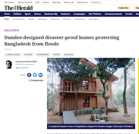 Great cover story in today's Glasgow Herald about our disaster-resilient homes programme in Bangladesh, very timely on the eve of COP28 and our contribution to the climate emergency @DundeeWater @dundeeuni @heraldscotland