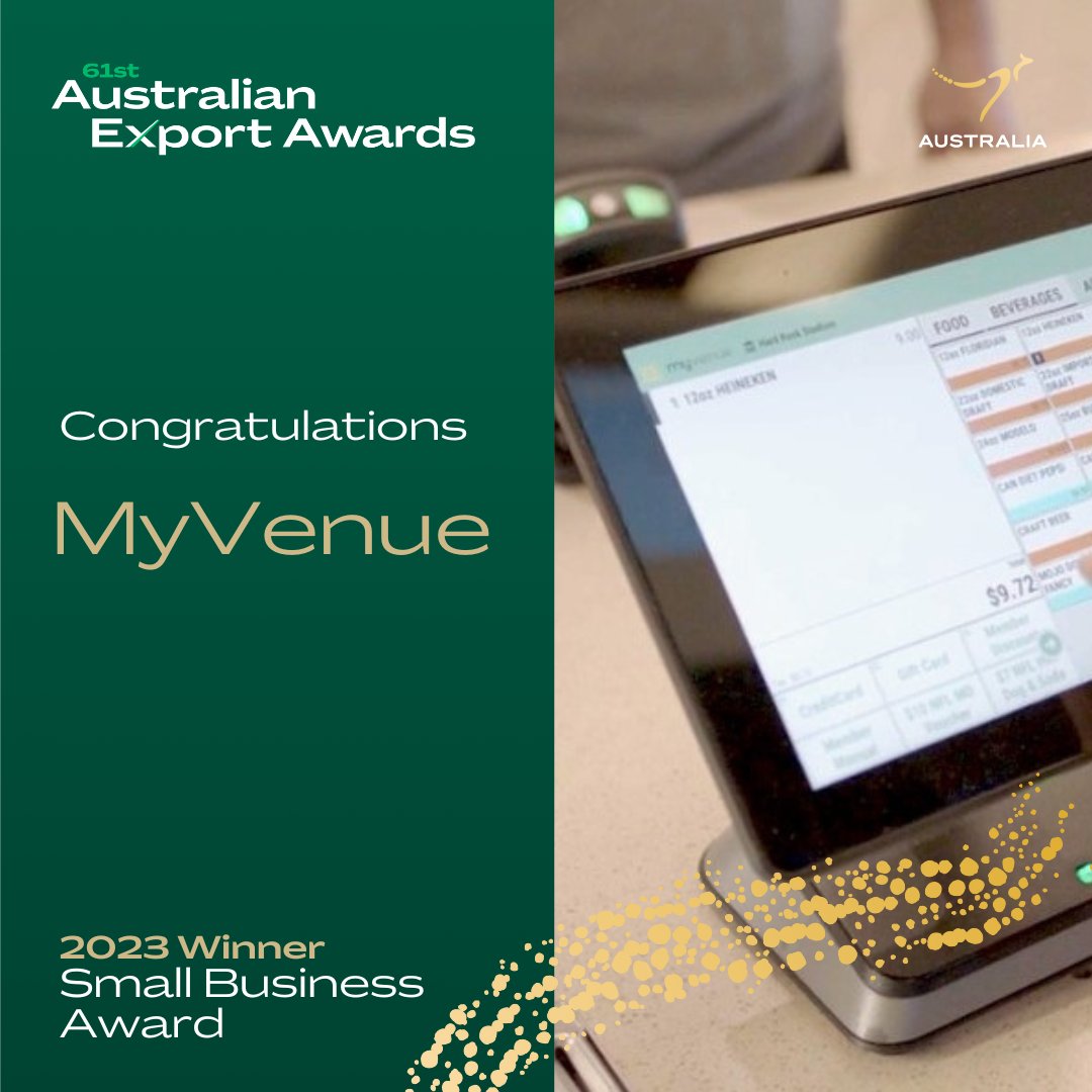 Austrade's tweet photo. @MyVenuePOS have solved stadium-sized problems and won the Small Business Award at the 61st Australian #ExportAwards. 🖥️

Pioneering an innovative POS system, MyVenue are trusted by more than 75 venues globally! 🏟️

Find out more 👉 https://t.co/05JkCtYZ8K 

@ExportFinanceAU https://t.co/xHQnVVrHT6