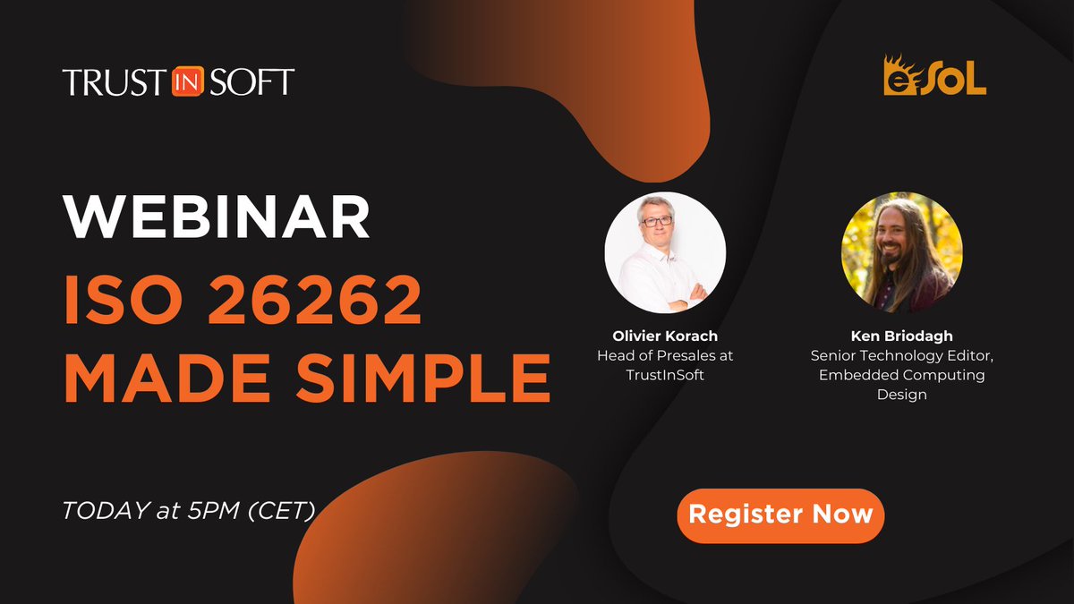 TrustInSoft's tweet image. 💻  Join our FREE webinar TODAY at 5 PM(CET) and discover how TrustInSoft Analyzer simplifies ISO 26262 compliance. Plus, hear from industry leader @eSOL_Global.

👉  Register now: resources.embeddedcomputing.com/Embedded-Compu…

#TrustInSoftAnalyzer #ISO26262 #AutomotiveSoftware