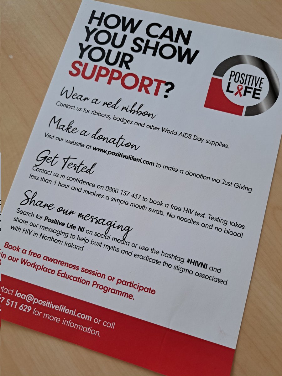 Tomorrow is #WorldAidsDay2023. 
It'd be great if you could get involved to show your support for people affected by #HIVNI and <a href="/PositiveLife_NI/">Positive Life NI</a> work to #StopStigma.
A simple gesture to #WearYourRibbon will mean such a lot to so many.
Thankyou.