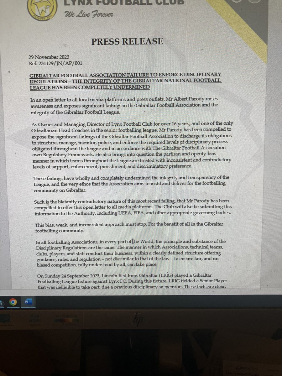 Gibsportsnews's tweet photo. @Lynxfcgib have issued a press release on the latest incident during their game versus @LincolnRedImps, who fielded an ineligible player, but no action was taken by the @GibraltarFA. Lynx has complained about the disparity in the application of the rules from one team to another. https://t.co/pAdQGL5uRi