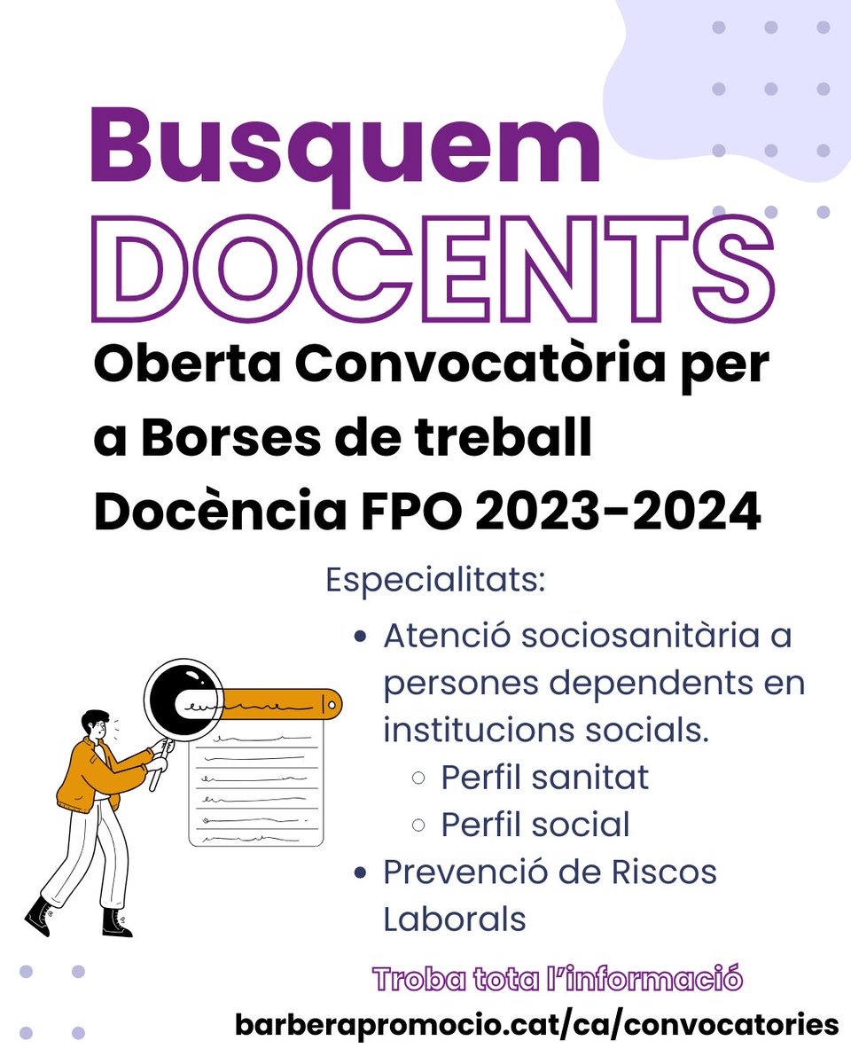 📋Obrim convocatòria per la creació d'una Borsa de Treball de Formadors/es de certificat de professionalitat, per les especialitats:

Trobaràs tota la informació al web barberapromocio.cat/ca/convocatori… o entrant a l'enllaç que trobaràs a la biografia 📲

#bdv  #borsadocent #convocatòria