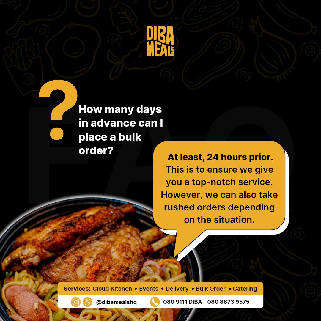 Dibamealshq's tweet photo. Organizing an event can be stressful and getting the right caterers can be more stressful. Don’t sweat it! 😎

Whether it’s a week or 24 hours to your event, Diba Meals got you covered. ✅

Call us today and enjoy premium meal service. 🤩

#FAQs #CloudKitchen #DibaMealsHq https://t.co/KUDi6XSACy