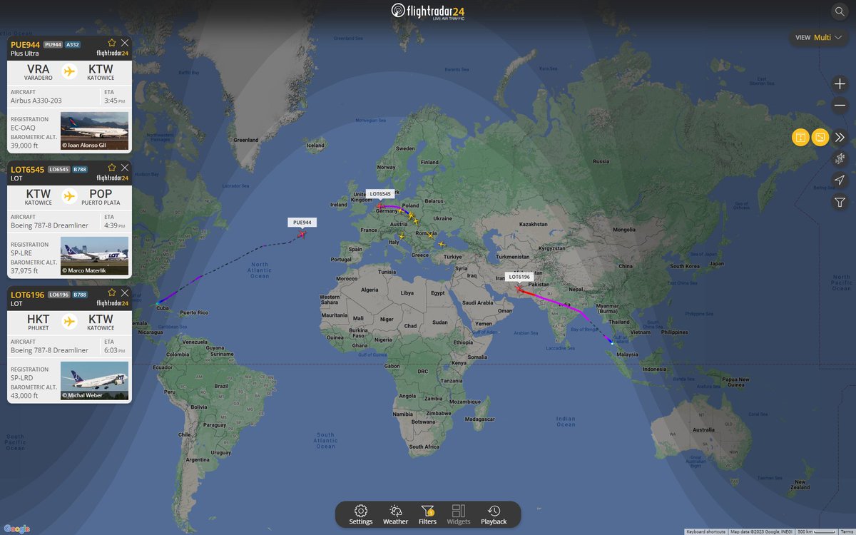 Piękny widok, trzy szerokie kadłuby w drodze z/do Katowice Airport. Boeing 787-8 PLL LOT wraca z Phuket, drugi leci do Puerto Platy w Dominikanie, a z Varadero na Kubie do KTW wraca Airbus A330-200 Plus Ultra
