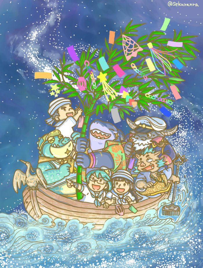 multiple boys hat watercraft tanabata star (sky) horns smile  illustration images
