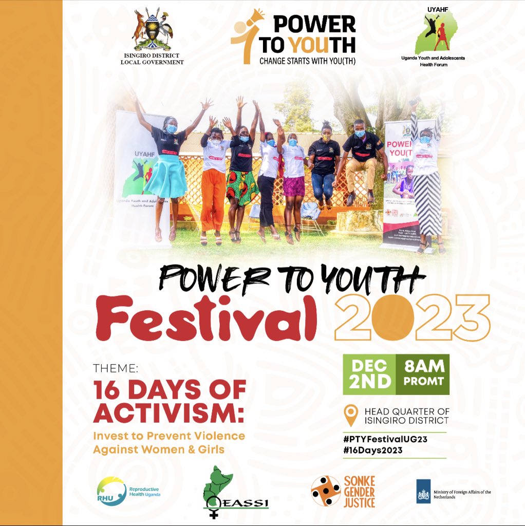 The #PtyFestivalUg23 happens this December 2nd in Isingiro district. Get ready to vibe with Uganda’s top artists as we raise voices to end violence against women and girls. 

#16DaysOfActivism #PowerToYouth