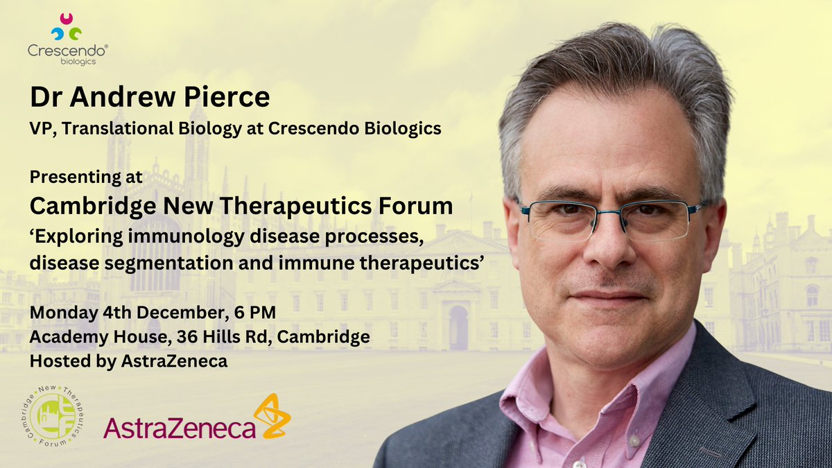 Crescendo Biologics (@humabody) on Twitter photo Our VP, Translational Biology Andrew Pierce will be presenting at <a href="/CamNTF/">Cambridge NTF</a>’s event ‘Exploring immunology disease processes, disease segmentation and immune therapeutics’, hosted by <a href="/AstraZeneca/">AstraZeneca</a>, taking place on 4 Dec in Cambridge.
You can sign up here: eventbrite.com/e/cambridge-ne… Our VP, Translational Biology Andrew Pierce will be presenting at <a href="/CamNTF/">Cambridge NTF</a>’s event ‘Exploring immunology disease processes, disease segmentation and immune therapeutics’, hosted by <a href="/AstraZeneca/">AstraZeneca</a>, taking place on 4 Dec in Cambridge.
You can sign up here: eventbrite.com/e/cambridge-ne…