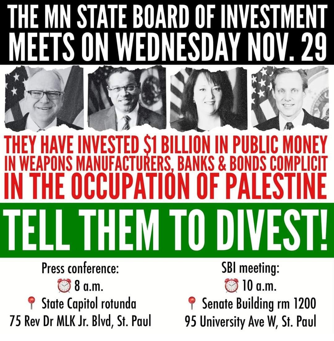 itpro3's tweet photo. @BradTabke The group "Anti-War Committee" protested the MN SBI meeting on 11/29, calling 4 the end of "Minnesota’s investments in apartheid Israel". Where do u stand on the Boycott, Divest, Sanctions (BDS) movement, &amp; do u agree that the State should participate in it? https://t.co/W3u4JD2Ac5