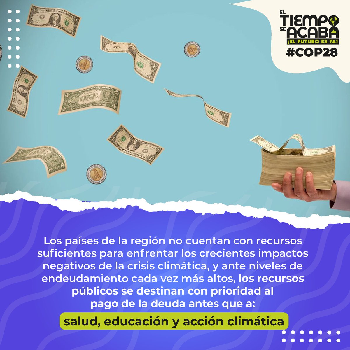 📌 Hoy comienza la #COP28, donde líderes del mundo debaten sobre la #CrisisClimática. Es nuestro momento de exigir #SolucionesReales y el cumplimiento de compromisos al Norte Global. El futuro del planeta es YA. 🌎 
📌 Posicionamiento: bit.ly/pcop28 

#ElTiempoSeAcaba