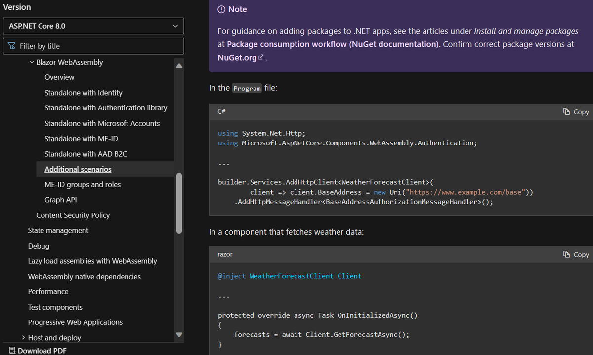 augvcor's tweet image. 2/ Also perhaps from a security viewpoint, a typed #HTTPClient dedicated for making the call to the /.auth/me endpoint because usually a typical #BlazorWASM will make a minimum of one call to an external API for functional/domain reasons
learn.microsoft.com/en-us/aspnet/c…
